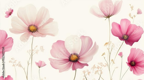 Wallpaper Mural Minimalist watercolor cosmos flowers in soft pink and white, arranged on a light cream background, seamless design Torontodigital.ca