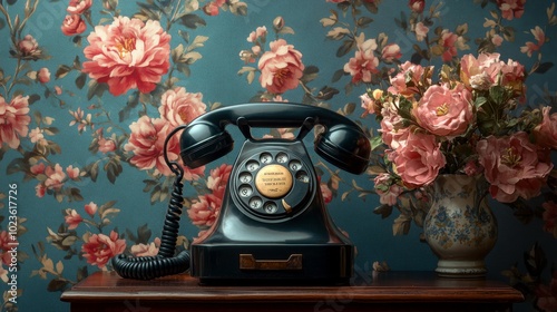Black Old-fashioned rotary telephone on minimalist floral wallpaper background