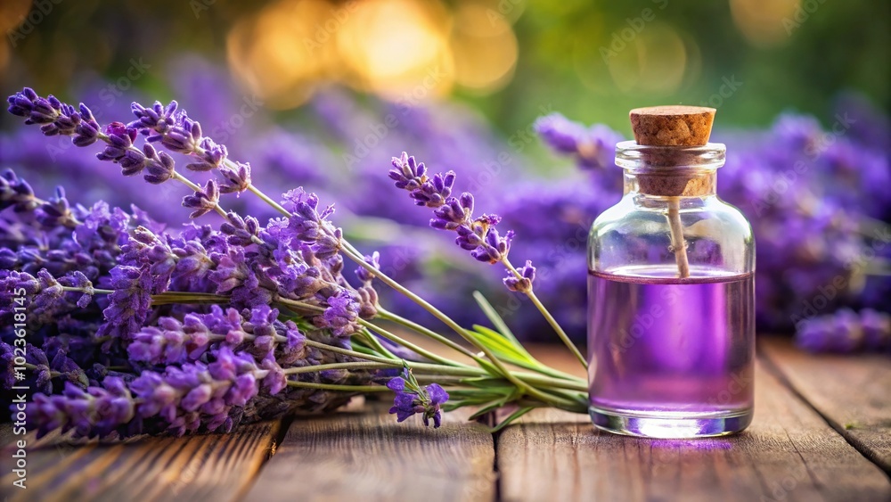 Lavender extract bottle with purple lavender flowers on a white background Lavender extract bottle with purple lavender flowers on a white background