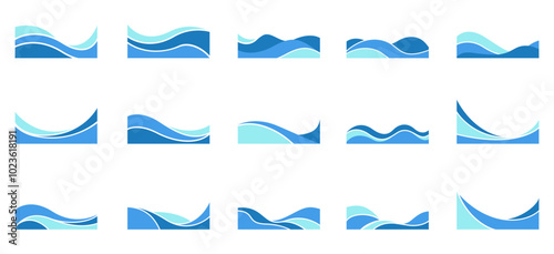 Modern Blue Wave Abstract Shape Border and Corner Frame Vector Set Collection. Decorative Elements Corners, Borders, and Frames. Elegant Shape for Banners, Certificates, Invitations, and Covers Design