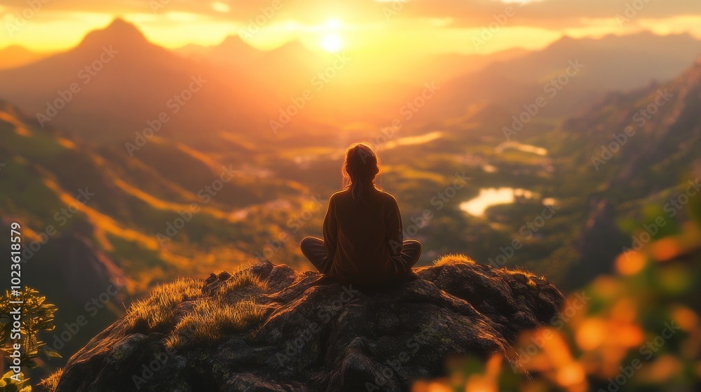A person meditating on a rock, overlooking a serene landscape at sunset. A person meditating on a rock, overlooking a serene landscape at sunset.