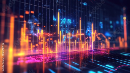 Vibrant Financial Data Visualization in a Futuristic City Landscape