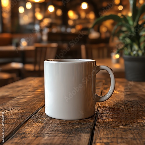 Stylish coffee mug mockup on a rustic wooden table with a blurred cafe background