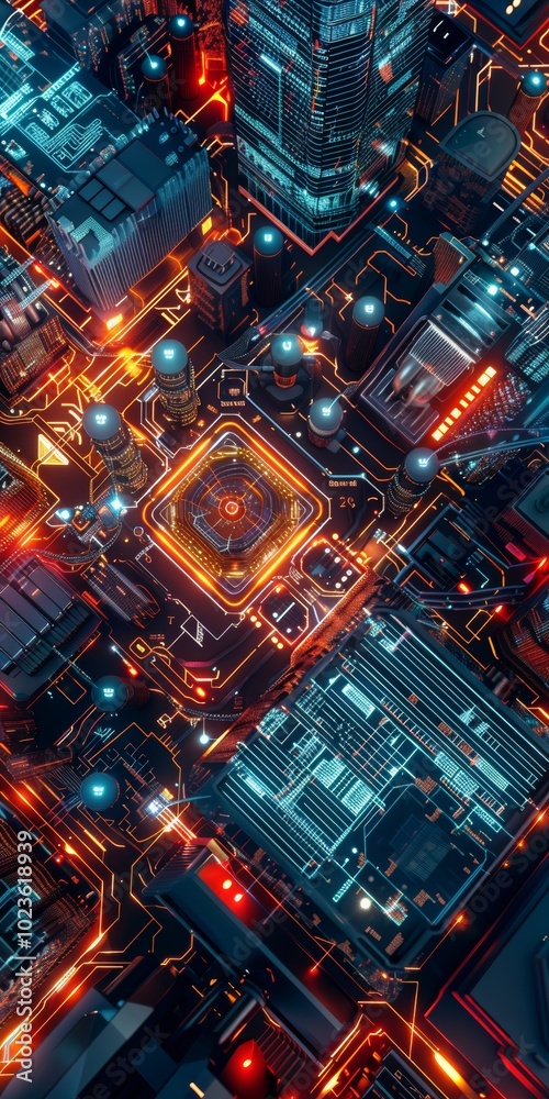 Cybersecurity defense systems seen from a top-down angle. Cybersecurity defense systems seen from a top-down angle.