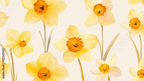 Minimalist watercolor daffodils with soft yellow petals, gently scattered on a light beige background, seamless pattern