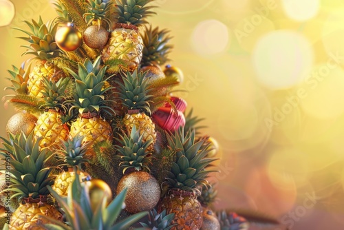 Christmas tree made of pineapple and christmas bauble decoration. Holiday concept.