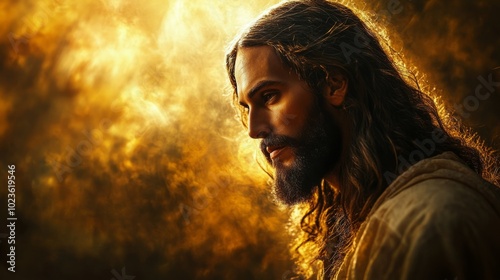 A man with long hair and a beard is depicted in a painting of Jesus photo