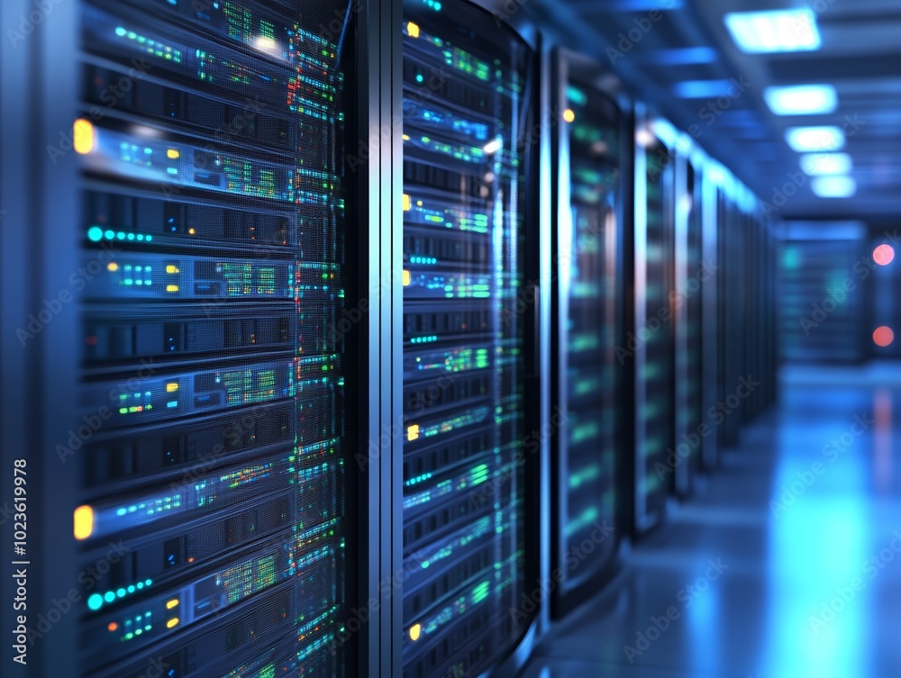 A futuristic view of server racks in a data center with glowing lights and cool tones. A futuristic view of server racks in a data center with glowing lights and cool tones.