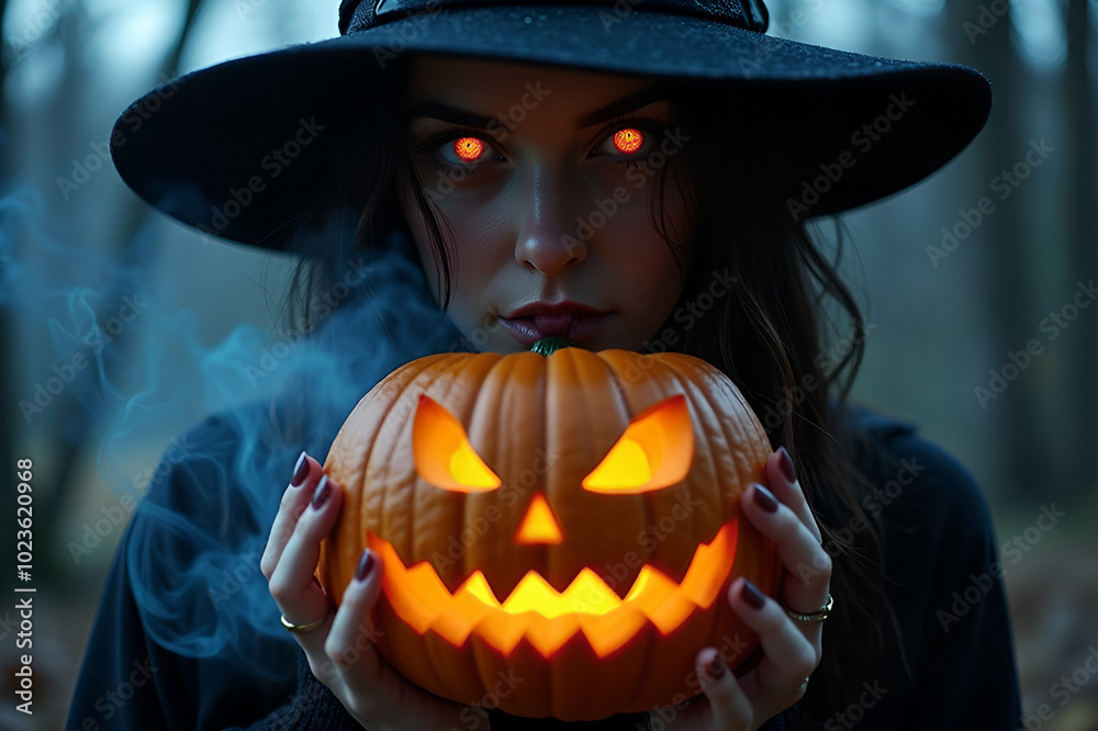 Woman or witch with glowing eyes holding jack-o-lantern, blue smoke comes from inside of pumpkin. Halloween, Spooky Season Woman or witch with glowing eyes holding jack-o-lantern, blue smoke comes from inside of pumpkin. Halloween, Spooky Season