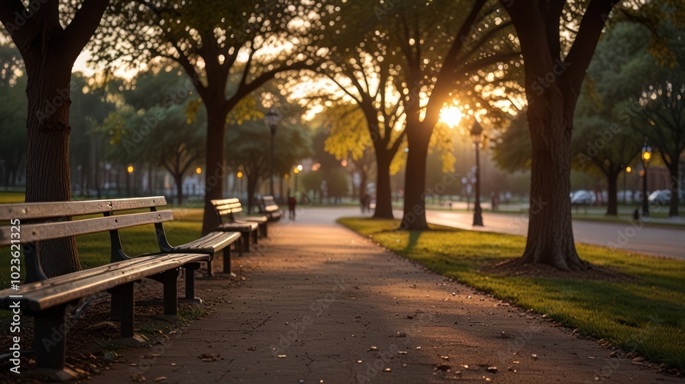 A paved pathway winds through a park with benches and trees. The sun is setting, casting a warm glow on the scene.