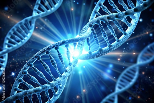 DNA helix, glowing blue light, scientific visualization, genetic structure, molecular biology, 3D