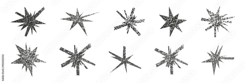 Trendy irregular stars set with grunge stipple photocopy effect. Hand drawn geometric scribble shapes, doodle starburst, modern retro grunge punk halftone stickers. Modern retro vector illustration