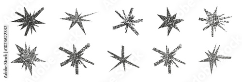 Trendy irregular stars set with grunge stipple photocopy effect. Hand drawn geometric scribble shapes, doodle starburst, modern retro grunge punk halftone stickers. Modern retro vector illustration