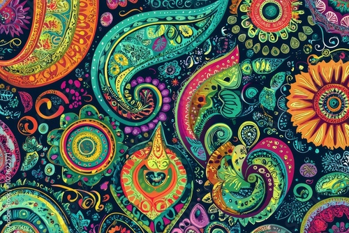 Psychedelic Floral Pattern with Swirling Shapes and Vivid Colors