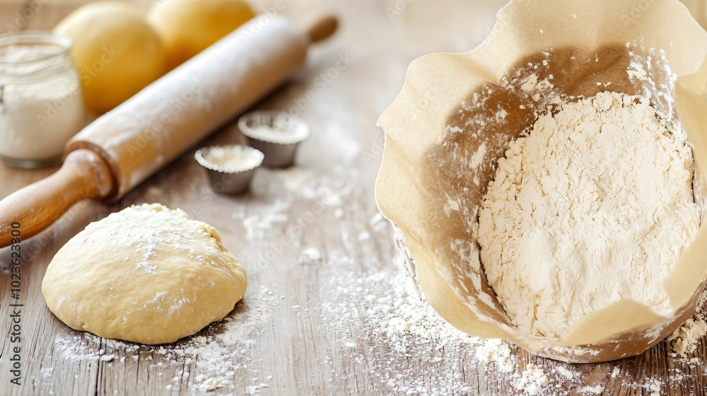 Close up of a kitchen table with flour, dough, and a rolling pin. Close up of a kitchen table with flour, dough, and a rolling pin.