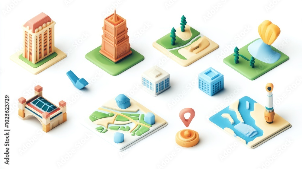 3D Isometric Cityscape with Buildings, Maps, and Landmarks 3D Isometric Cityscape with Buildings, Maps, and Landmarks