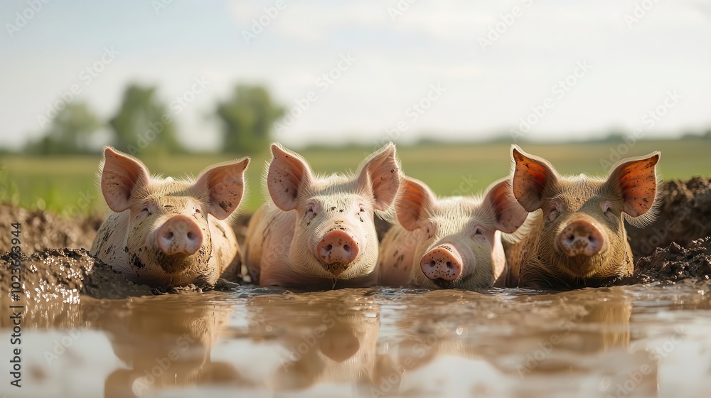 Group of pigs relaxing in a mud pool under the sun, livestock farming, natural environment Group of pigs relaxing in a mud pool under the sun, livestock farming, natural environment