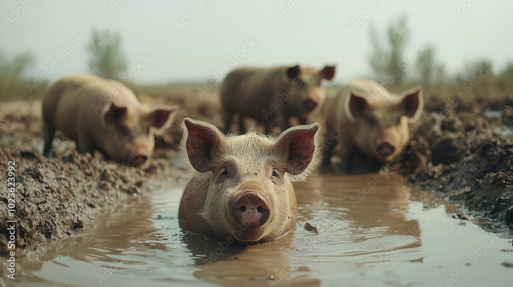 Group of pigs relaxing in a mud pool under the sun, livestock farming, natural environment Group of pigs relaxing in a mud pool under the sun, livestock farming, natural environment