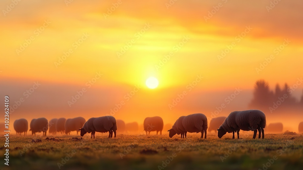 Fototapeta premium Herd of sheep grazing in a misty field at dawn, livestock farming, peaceful countryside life