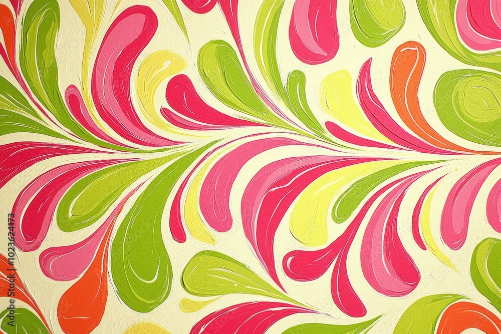 Abstract Painting with Swirling Shapes in Green, Yellow, Pink, and Orange Abstract Painting with Swirling Shapes in Green, Yellow, Pink, and Orange