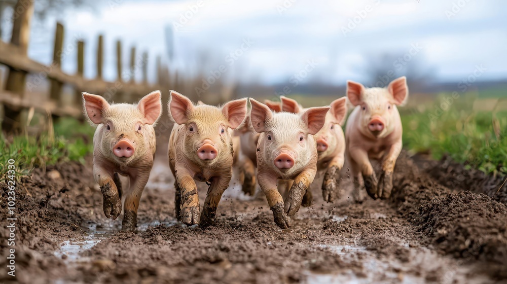Piglets running through a muddy pen on a small farm, livestock farming, organic pork production Piglets running through a muddy pen on a small farm, livestock farming, organic pork production