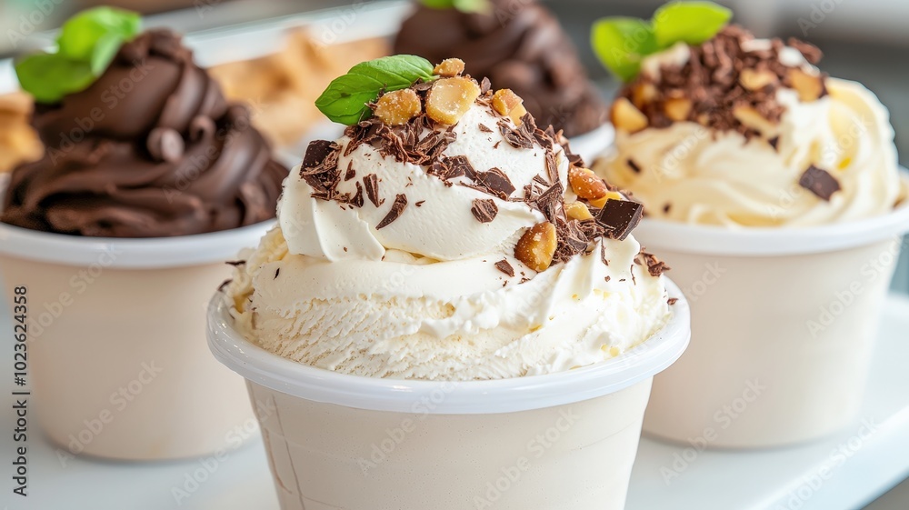 A tempting assortment of ice cream cups topped with chocolate, nuts, and mint leaves, perfect for cooling down on a warm day.