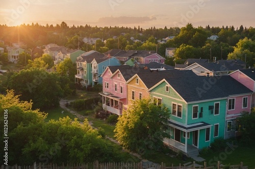 Charming pastel-colored houses nestled in a serene neighborhood during golden hour near the lush landscape.