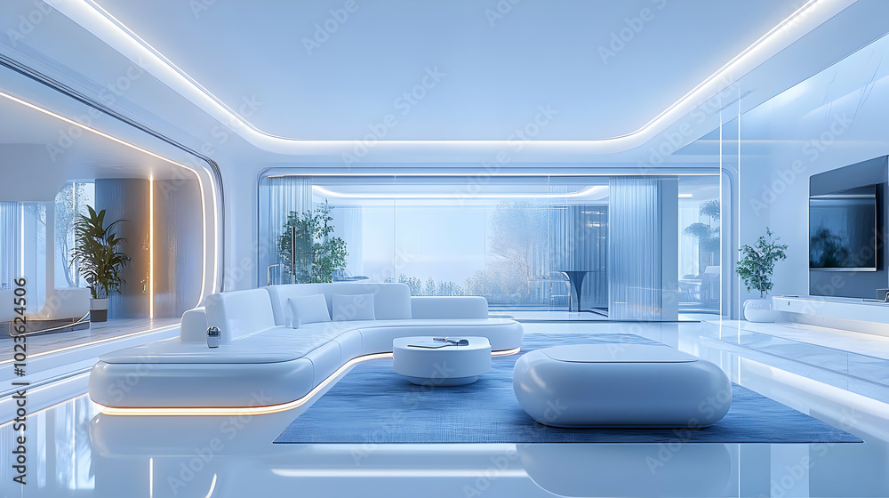 3D Futuristic Smart Home Living Room Concept - Gliding Shot of Cutting-Edge IoT Living Space with Glossy Surfaces and Hidden Tech Interfaces for Modern Lifestyle Messaging