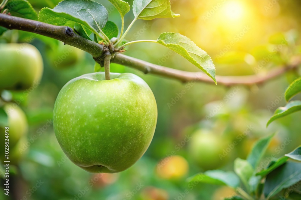 green ripe apple on branch in garden green ripe apple on branch in garden