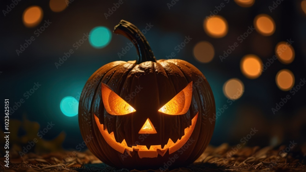A jack-o'-lantern with a carved face glows brightly against a dark background with out-of-focus lights. A jack-o'-lantern with a carved face glows brightly against a dark background with out-of-focus lights.