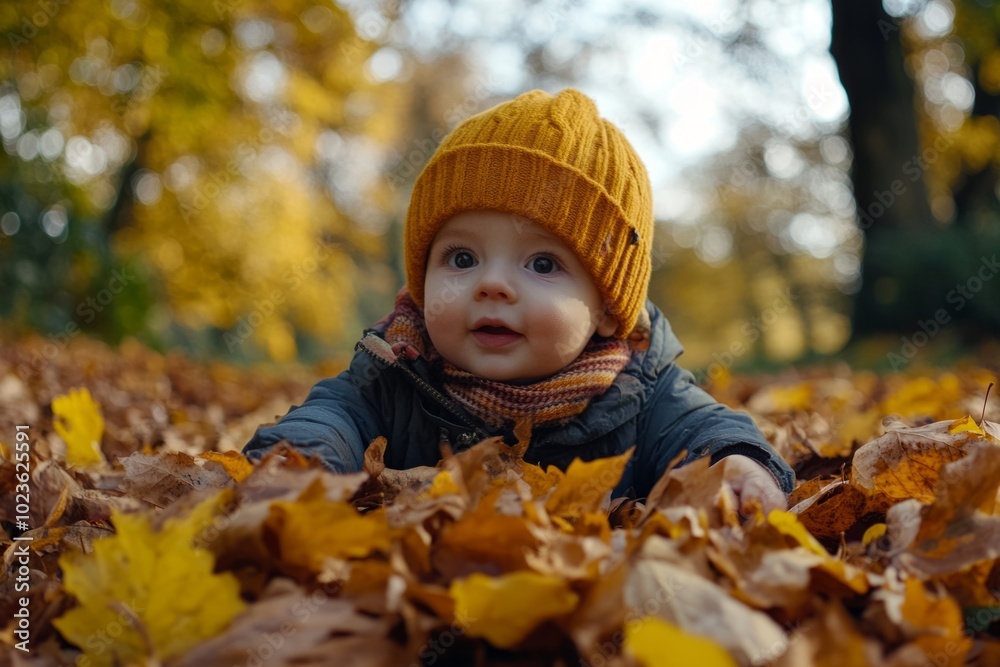 A joyful baby playing in colorful autumn leaves. The warm hat adds charm. Captivating moment to evoke happiness and childhood wonder. Generative AI A joyful baby playing in colorful autumn leaves. The warm hat adds charm. Captivating moment to evoke happiness and childhood wonder. Generative AI