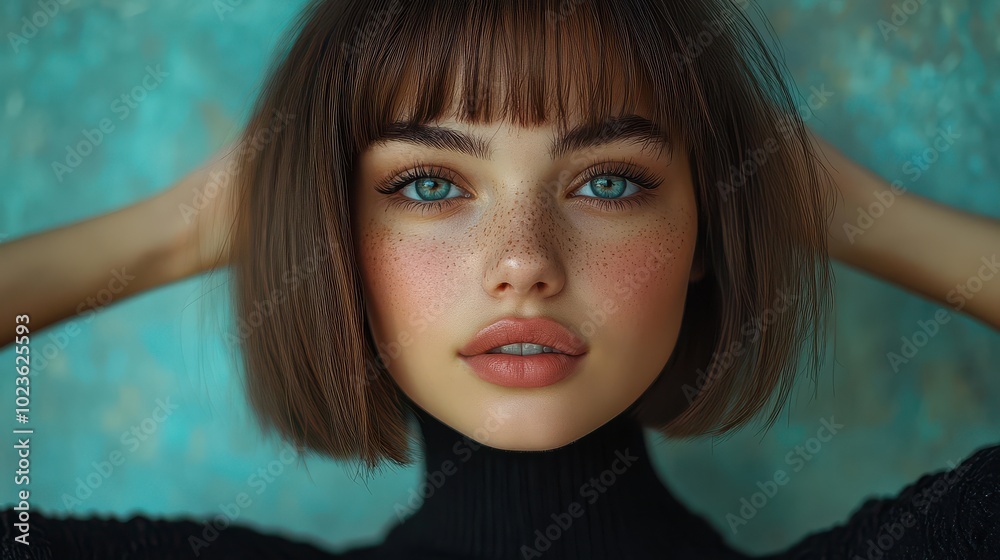 Close-up portrait of a young woman with short bob haircut, blue eyes, and freckles in front of a textured background Close-up portrait of a young woman with short bob haircut, blue eyes, and freckles in front of a textured background