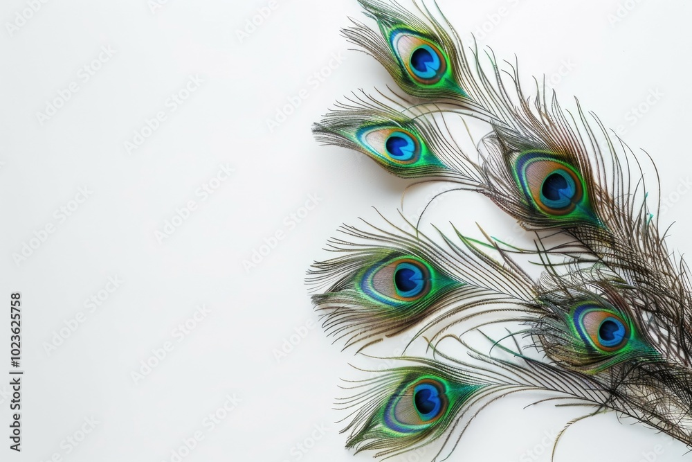 Obraz premium Exotic peacock feathers on white background with copy space.