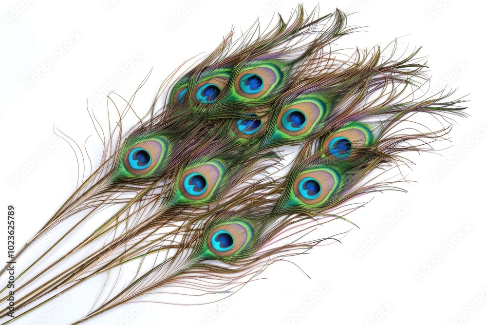 Fototapeta premium Exotic peacock feathers on white background with copy space.