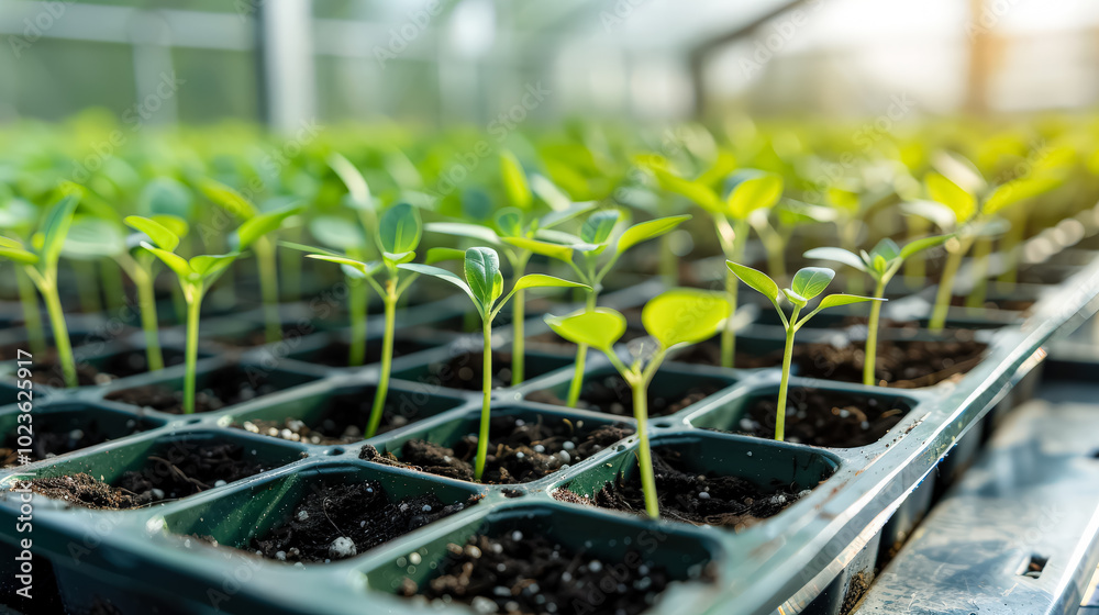 Row of small plants are in black containers. The plants are green and appear to be in a nursery