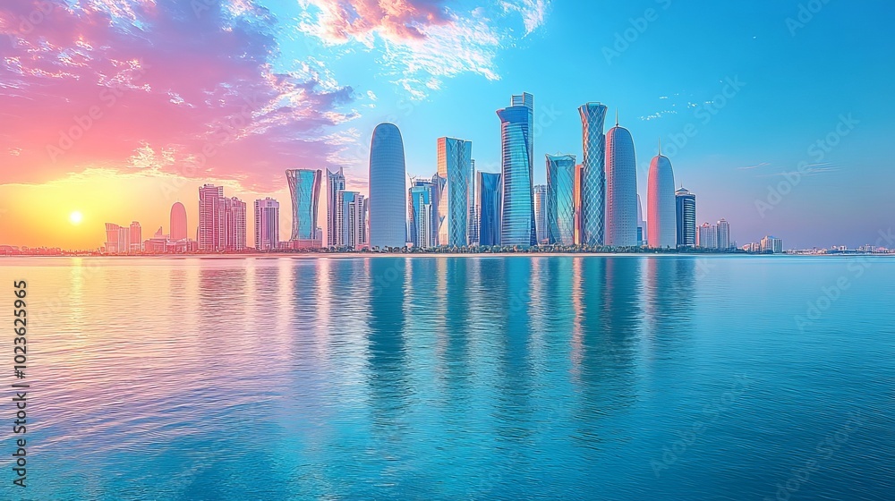Megapolis on the water: reflection of high-rise buildings
