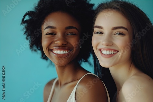 Two Young Women Smiling Joyfully in Front of a Vibrant Blue Background During a Sunny Day Outdoors