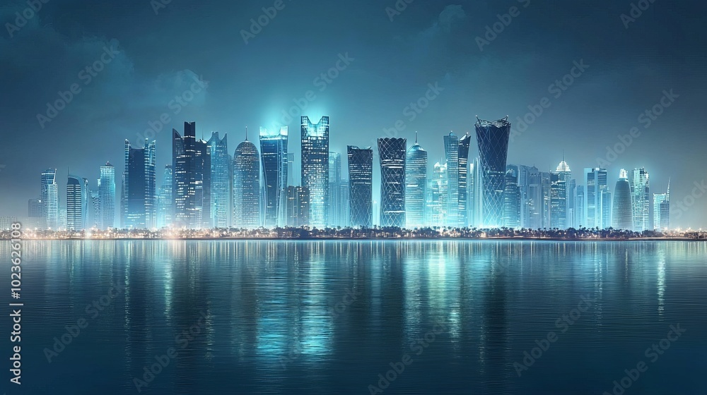 Fototapeta premium Mirror skyscrapers against the tranquil water