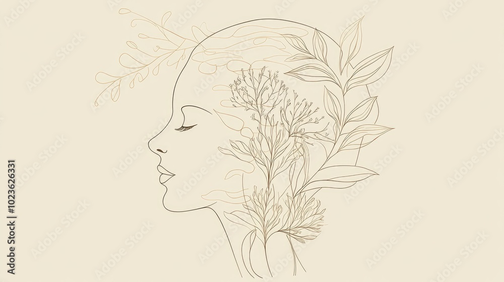 Abstract line art illustration featuring a head with a bouquet of shapes Minimalistic continuous line design ideal for postcards or posters in an elegant contemporary style Abstract line art illustration featuring a head with a bouquet of shapes Minimalistic continuous line design ideal for postcards or posters in an elegant contemporary style