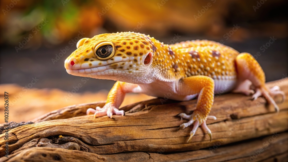 Fototapeta premium Leopard gecko on wood posing on black background