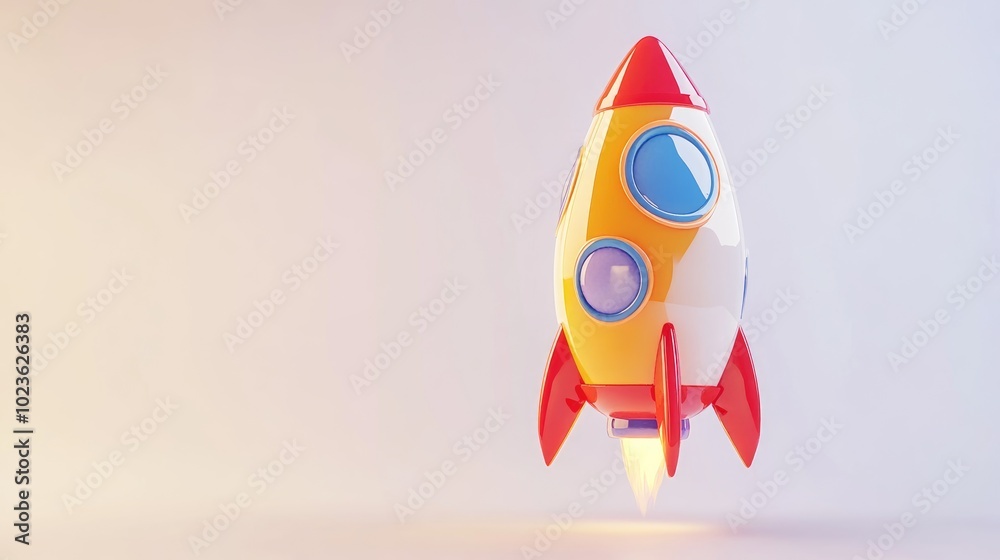 Colorful 3D illustration of a cartoon toy rocket on a white background poised for launch Colorful 3D illustration of a cartoon toy rocket on a white background poised for launch