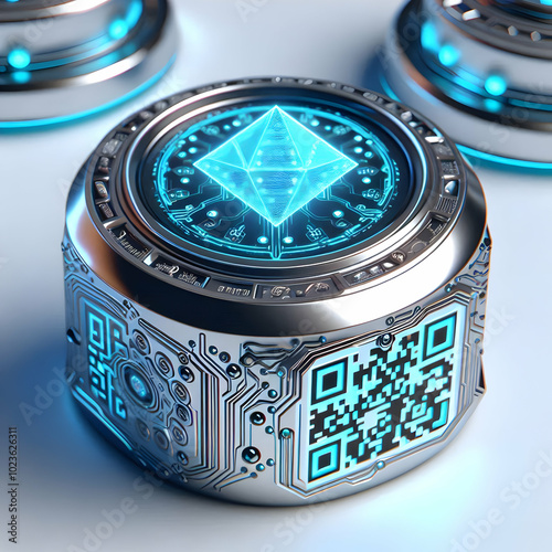 Futuristic Hanukkah Gelt Macro: Detailed Close-Up of Holographic QR Code Blending Tradition and Technology in Flat Vector Illustration photo