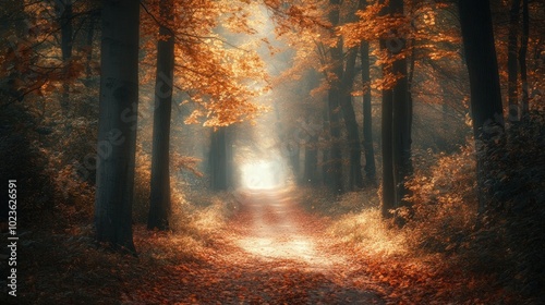 A Pathway Through a Misty Autumn Forest