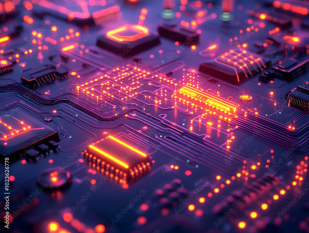 Extreme Close-Up of Flat Nano Circuitry Pulsing with Energy: Futuristic Device Innovation in Technology - Detailed Vector Illustration Extreme Close-Up of Flat Nano Circuitry Pulsing with Energy: Futuristic Device Innovation in Technology - Detailed Vector Illustration