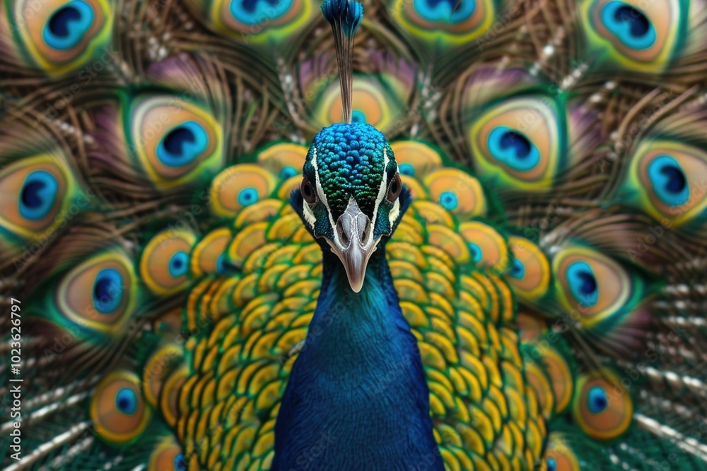 Fototapeta premium Vibrant close up of peacock feathers