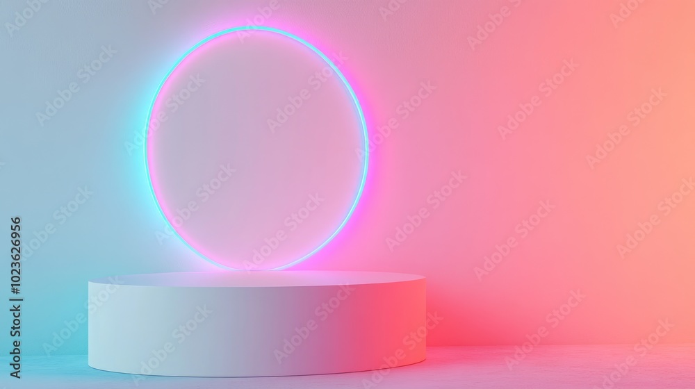 Blank product display featuring neon lights against a pastel colored background 3D rendering