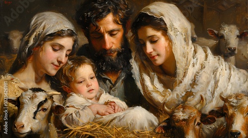 A close-up oil painting of the Holy Family, Mary and Joseph tenderly gazing at baby Jesus in the manger, surrounded by a peaceful circle of goats and cows. Soft candlelight bathes their faces, photo