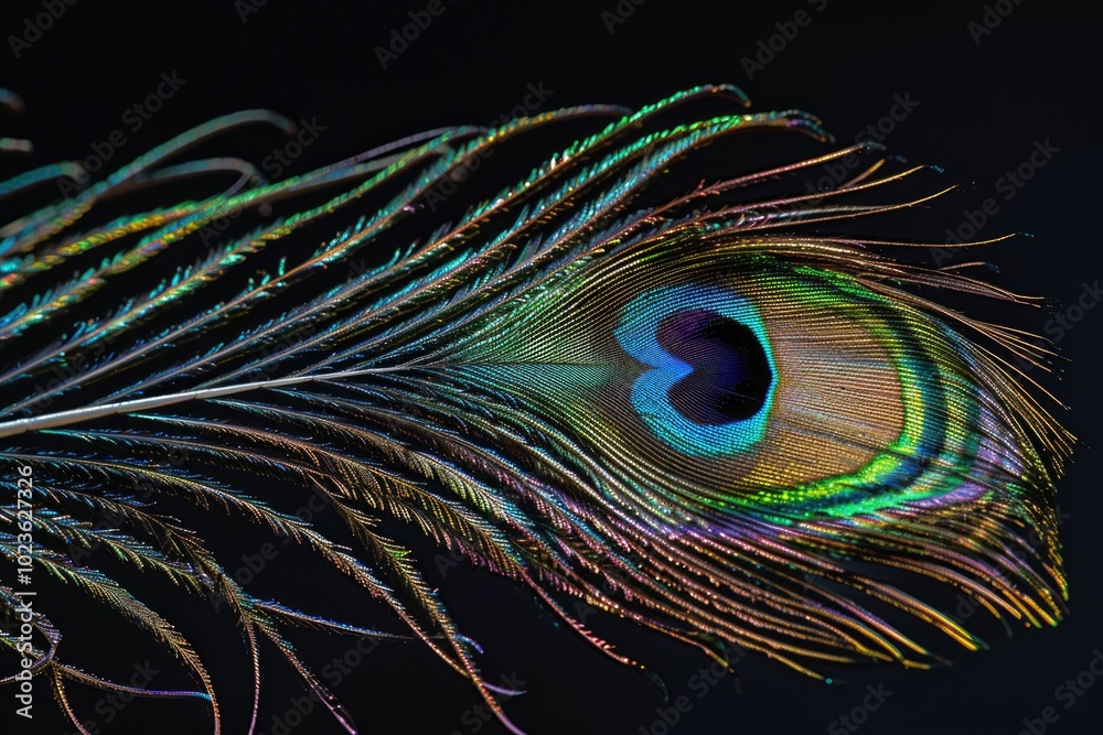 Obraz premium Closeup of peacock feather on black background