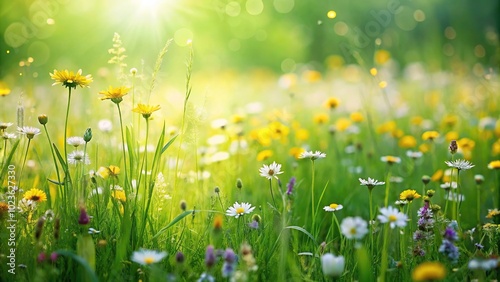 Green summer meadow abstract texture with flowers