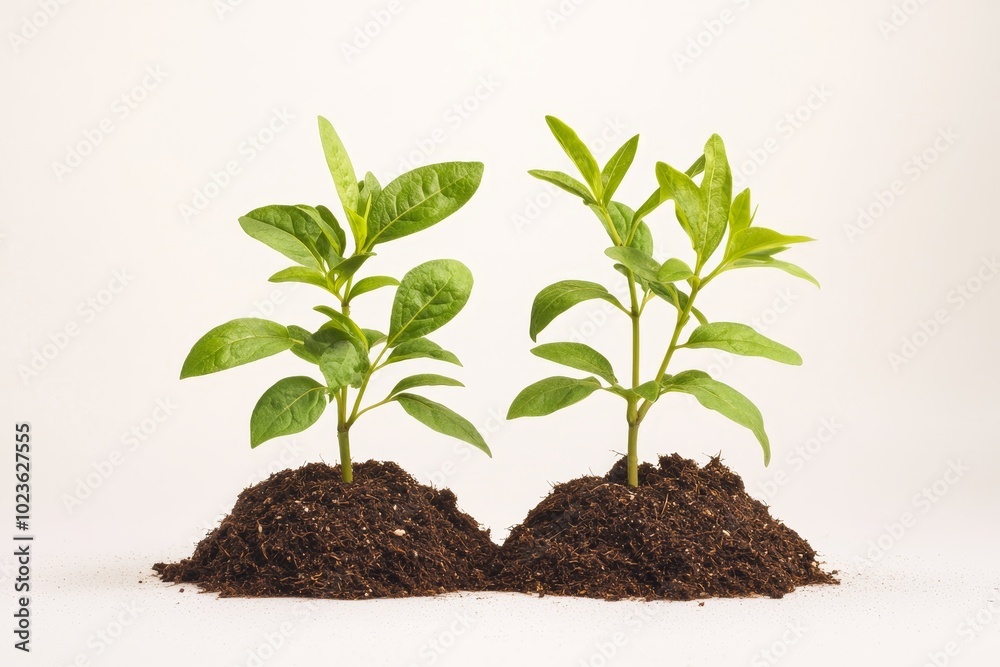 Symmetrical Growth Young Plants Emerging from Soil Mounds on White Background, Nature Botanical Concept Symmetrical Growth Young Plants Emerging from Soil Mounds on White Background, Nature Botanical Concept